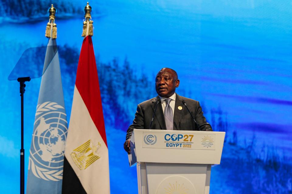 South Africa's president Cyril Ramaphosa delivers a speech at the leaders summit of the COP27 climate conference (AFP via Getty Images)