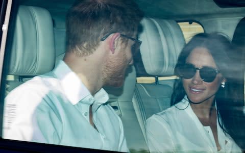 Prince Harry and Meghan Markle, pictured leaving Windsor Castle after their day of rehearsals, are said to be in on the idea for the grand unveiling - Credit: Eddie Mulholland for The Telegraph