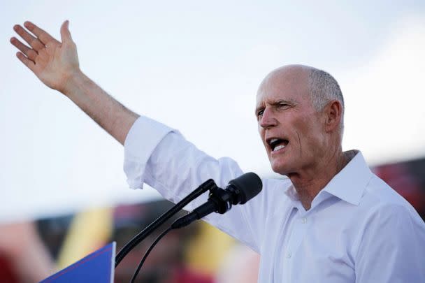 PHOTO: Republican Sen. Rick Scott speaks during a rally with former President Donald Trump ahead of the midterm elections, in Miami, Nov. 6, 2022. (Marco Bello/Reuters)