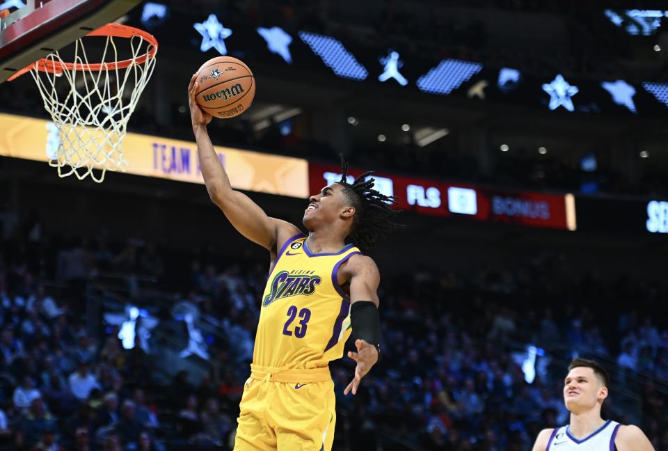 Pistons guard Jaden Ivey of Team Pau shoots during the Jordan Rising Stars Game as part of All-Star Weekend on Friday, Feb. 17, 2023, in Salt Lake City.