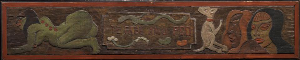 Paul Gauguin's "Te Fare Amu" (The House for Eating), from 1895 or 1897 is a polychromed woodcarving.