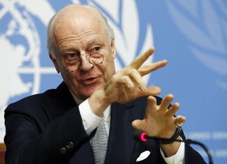 U.N. mediator for Syria Staffan de Mistura gestures during a news conference at the United Nations in Geneva, Switzerland January 25, 2016. REUTERS/Denis Balibouse