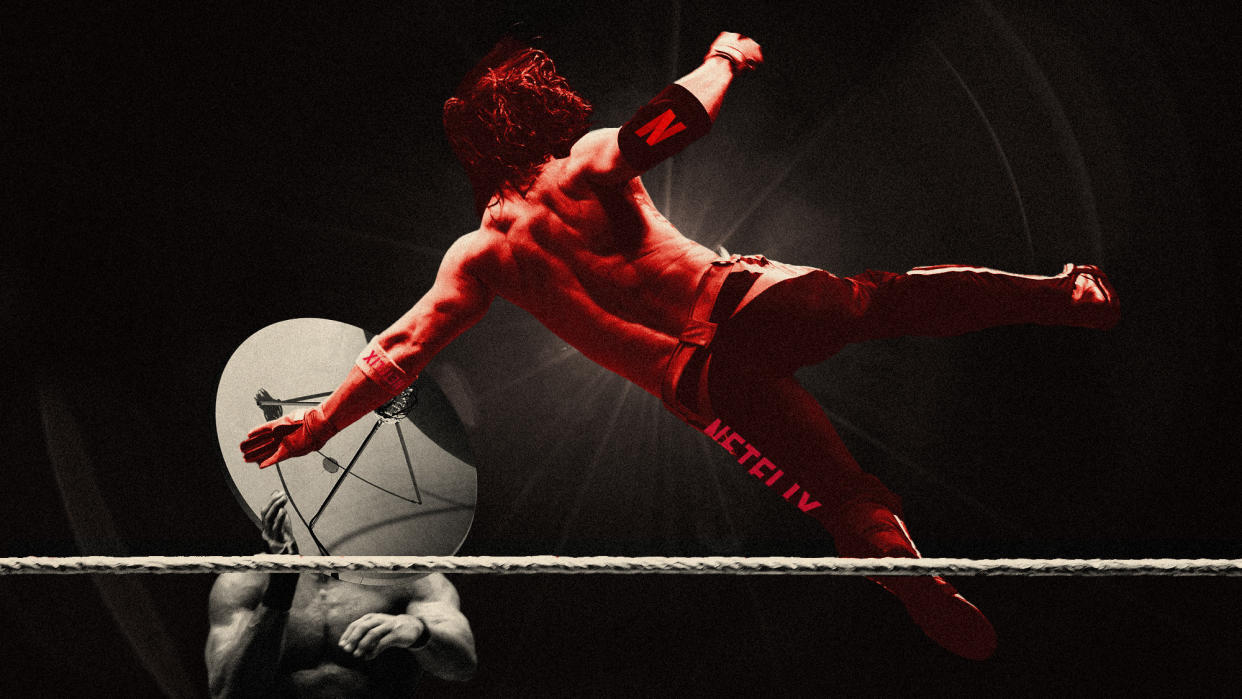  Photo collage of a Netflix-branded wrestler hurling himself at a cowering satellite dish. 