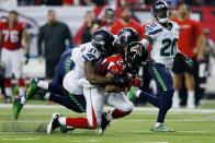 <p>Devonta Freeman #24 of the Atlanta Falcons runs the ball against the Seattle Seahawks at the Georgia Dome on January 14, 2017 in Atlanta, Georgia. (Photo by Kevin C. Cox/Getty Images) </p>