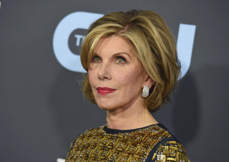 FILE - Christine Baranski arrives at the 25th annual Critics' Choice Awards in Santa Monica, Calif. on Jan. 12, 2020. The Emmy- and Tony-winning actor is donating three custom-made Bob Mackie gowns for an online charity auction on Wednesday. (Photo by Jordan Strauss/Invision/AP, File)