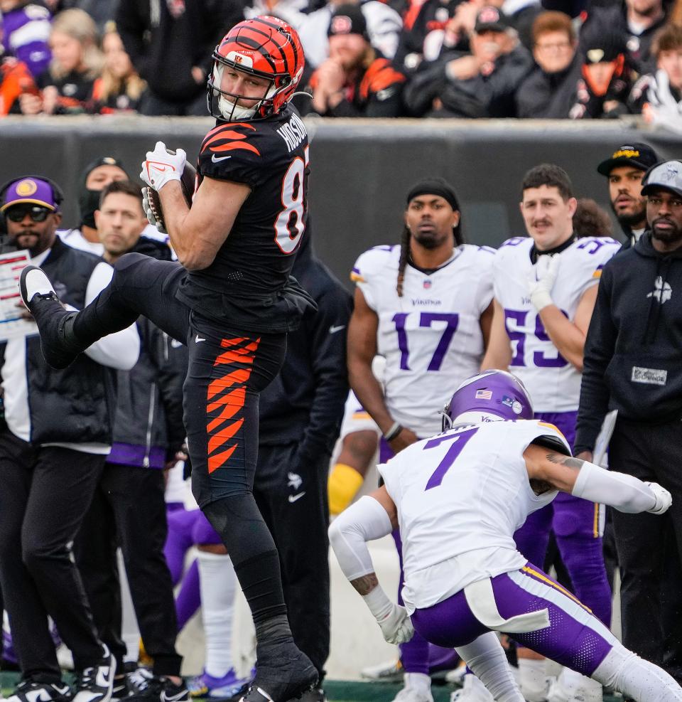 Bengals backup tight end Tanner Hudson, making a catch in the victory over the Vikings, saw a lot of action after backup quarterback Jake Browning took over.