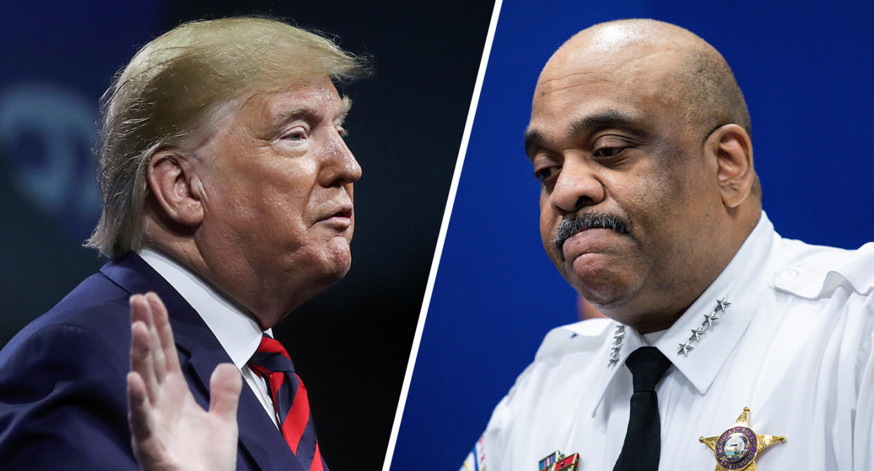 President Trump and Chicago Police Superintendent Eddie Johnson. (Photos: Leah Millis/Reuters, Zbigniew Bzdak/Chicago Tribune/Tribune News Service via Getty Images) 