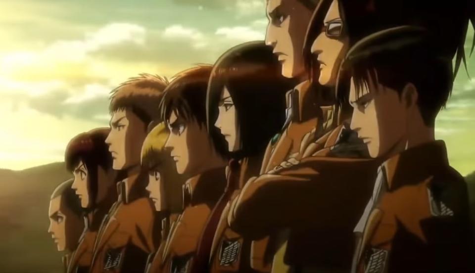 The Survey Corps members from left to right: Conny Sasha Jean Armin Eren Mikasa Erwin Hange Levi