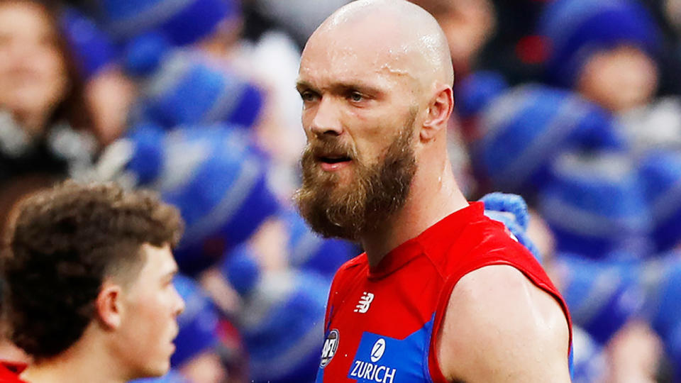 Max Gawn directed a furious spray towards the Collingwood bench during Monday's Queen's Birthday clash. (Photo by Dylan Burns/AFL Photos via Getty Images)