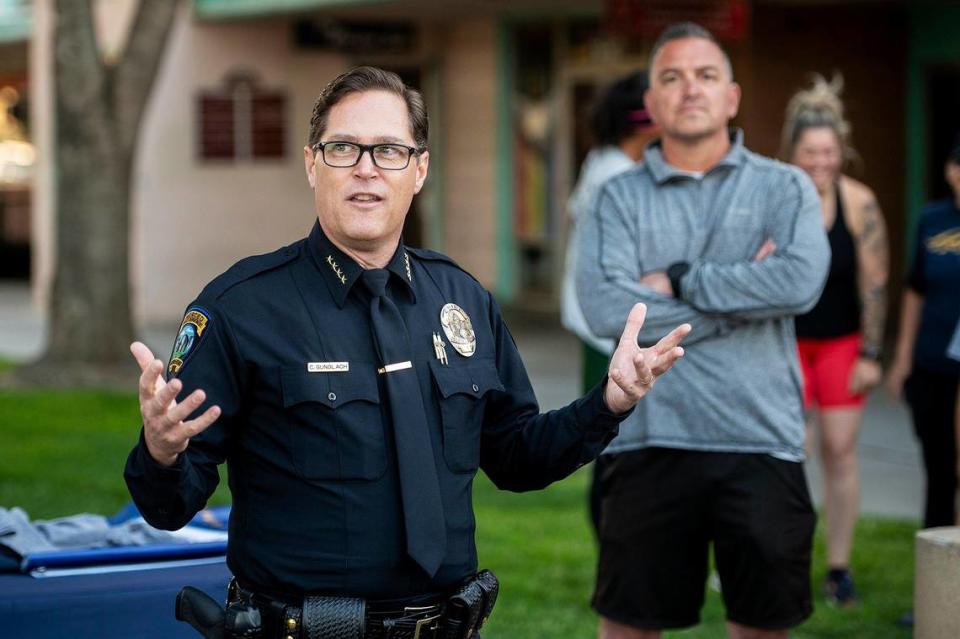 Merced Interim Police Chief Craig Gundlach speaks to fellow law enforcement officers prior to the Law Enforcement Torch Run for Special Olympics Northern California in Merced, Calif., on Thursday, June 15, 2023. Andrew Kuhn/akuhn@mercedsun-star.com