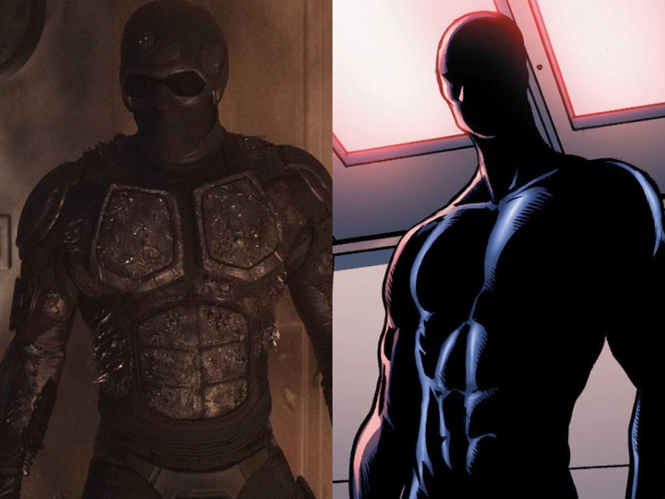 On the left: Nathan Mitchell as Black Noir in season two of "The Boys." On the right: Black Noir in the comics.