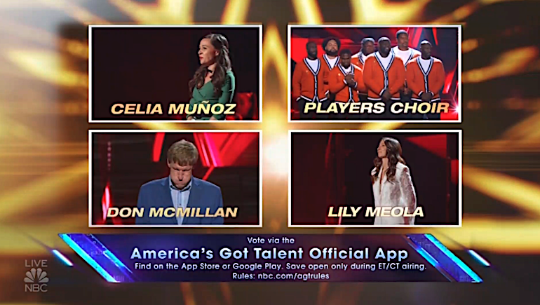 Celia Muñoz, Players Choir, Don McMillan, and Lily Meola await the results of the instant save vote on 'America's Got Talent.' (Photo: NBC)