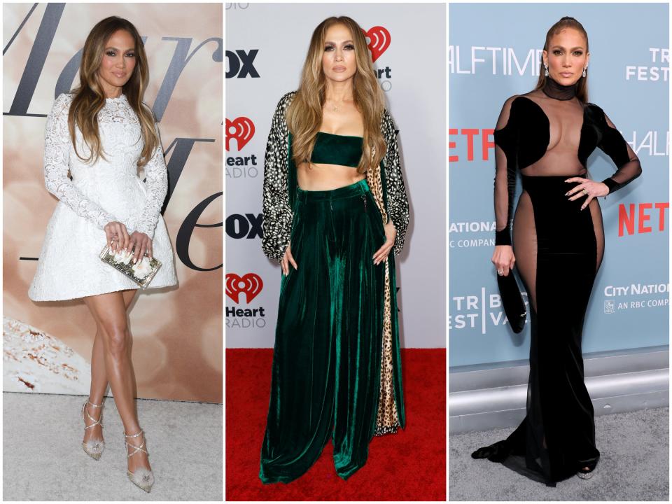 Jennifer Lopez at the Los Angeles screening of "Marry Me," the iHeartRadio Music Awards, and the Tribeca Film Festival in 2022.