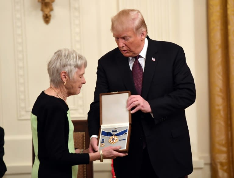 US President Donald Trump awards the Presidential Medal of Freedom to the late Supreme Court Justice Antonin Scalia, accepted by his wife Maureen Scalia