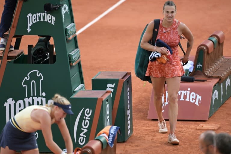 'Not 100%': Aryna Sabalenka leaves the court after her defeat to Mirra Andreeva at the French Open (Bertrand GUAY)