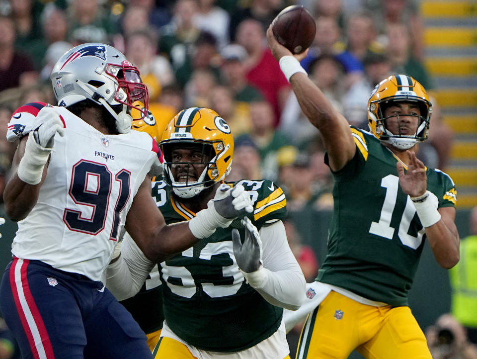 Aug 19, 2023; Green Bay, WI, USA; Green Bay Packers quarterback Jordan Love (10) throws a pass during the first quarter of their preseason game against the New England Patriots at Lambeau Field. Mandatory Credit: Mark Hoffman-USA TODAY Sports