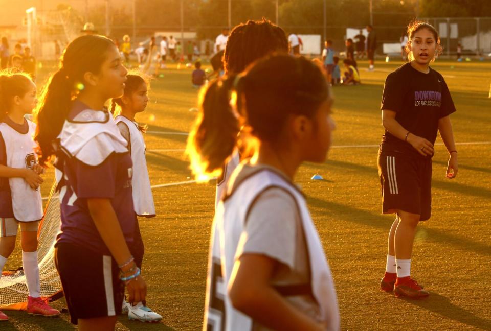 Nayelli Barahona coaches youngsters with Downtown L.A. Soccer Club at the John Leichty Middle School