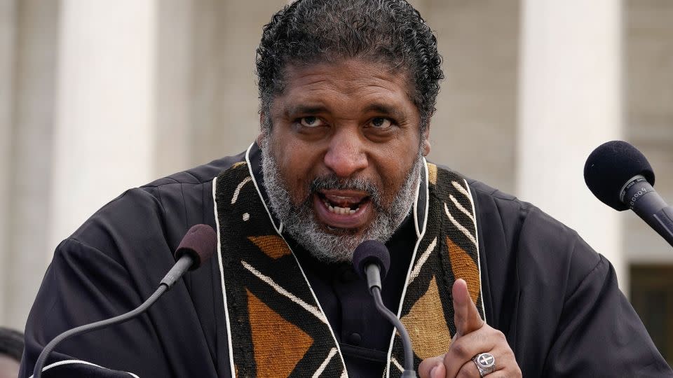 Reverend William Barber speaks during an anti-poverty demonstration at the US Supreme Court in Washington on November 15, 2021. - Jemal Countess/Getty Images