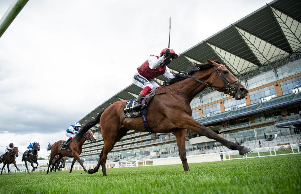 Jockey Frankie Dettori riding Fanny Logan wins The Hardwicke Stakes at Royal Ascot