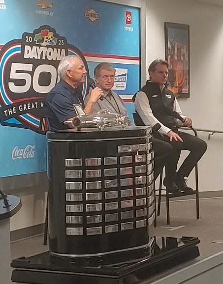 Three of today's Grand Marshals visited the media center around lunchtime Sunday at Daytona. From left: Dale Jarrett, Bill Elliott and Jeff Gordon.