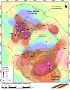 Drill hole locations relative to the outline of the overall multiphase intrusive complex at H-K, plotted on a contoured RTP magnetic base map with superimposed 3D isoshells from the MVI magnetic inversions.