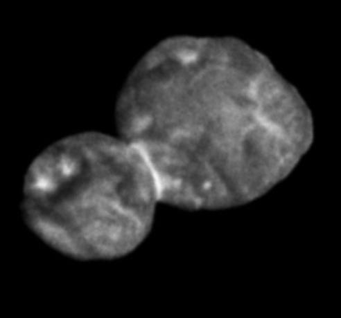 This Tuesday, Jan. 1, 2019 image made available by NASA shows the Kuiper belt object Ultima Thule, about 1 billion miles beyond Pluto, encountered by the New Horizons spacecraft. (NASA via AP)