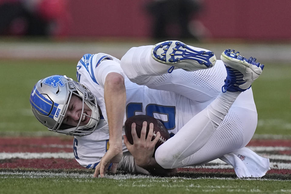 Detroit Lions quarterback Jared Goff hits the ground after being sacked by San Francisco 49ers defensive end Nick Bosa during the first half of the NFC Championship NFL football game in Santa Clara, Calif., Sunday, Jan. 28, 2024. (AP Photo/Mark J. Terrill)