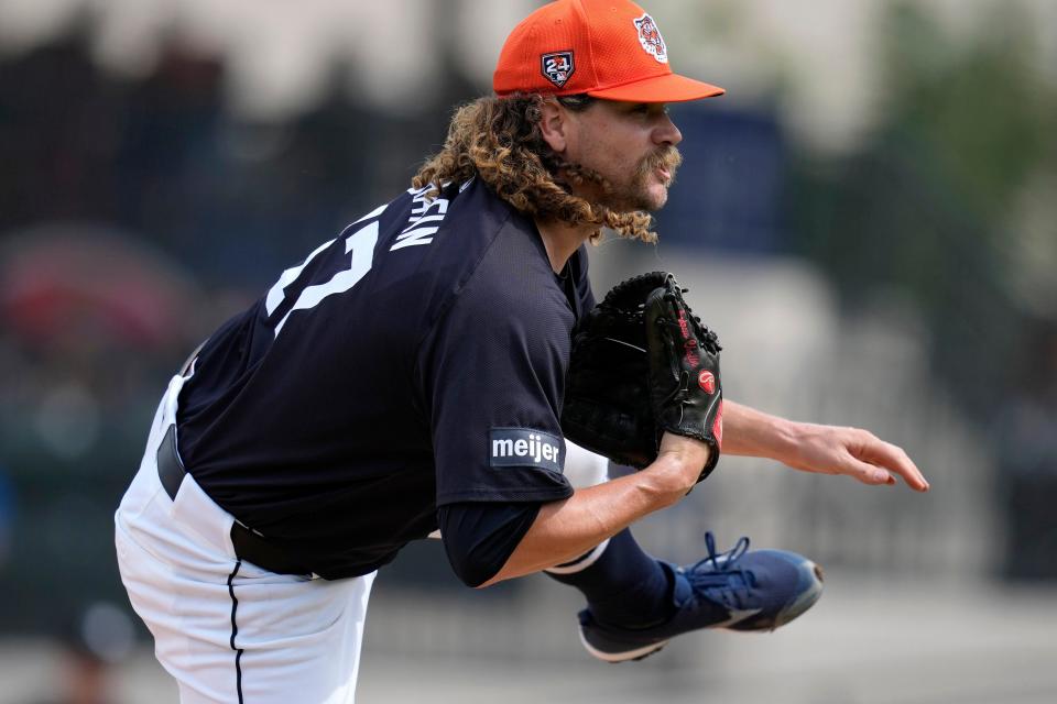 Detroit Tigers relief pitcher Andrew Chafin throws during the third inning of a spring training baseball game against the Pittsburgh Pirates Saturday, March 2, 2024, in Lakeland, Florida.