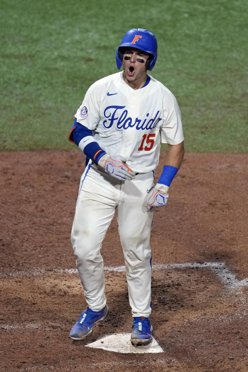 Florida's BT Riopelle (15) celebrates his solo home run against South Carolina during the sixth inning of an NCAA college baseball tournament super regional game Friday, June 9, 2023, in Gainesville, Fla. (AP Photo/John Raoux)