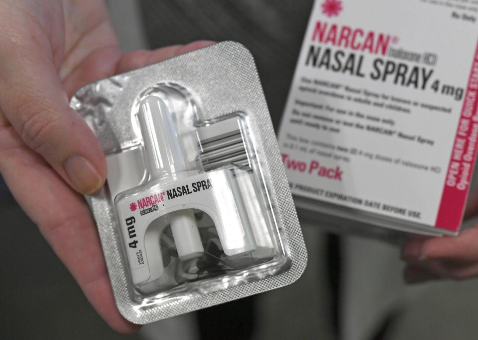 This file photo shows a Narcan naloxone nasal spray dose at a giveaway event at Blasco Memorial Library on Dec. 13, 2018.