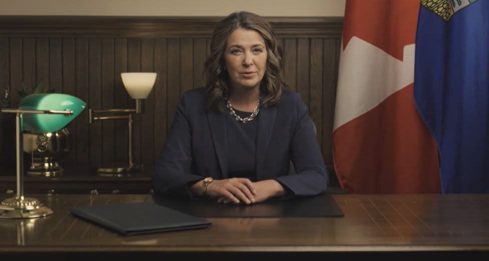 Premier Danielle Smith spoke to Albertans in a TV address aired on Feb. 21, 2024. (Government of Alberta - image credit)