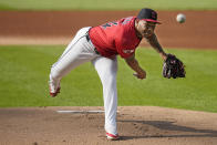 Cleveland Guardians's Xzavion Curry pitches to a New York Mets batter during the first inning of a baseball game Tuesday, May 21, 2024, in Cleveland. (AP Photo/Sue Ogrocki)