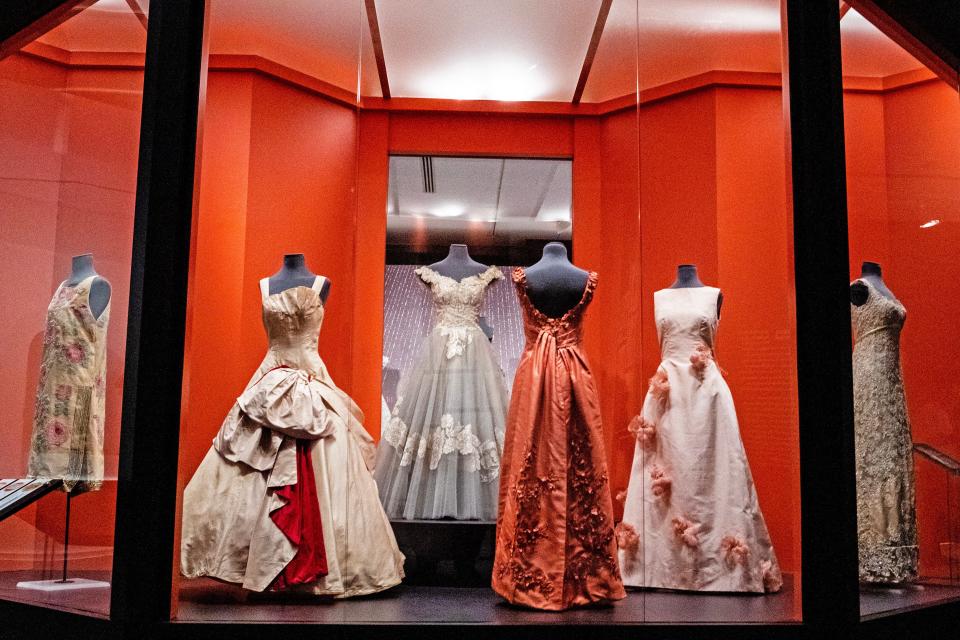 Evening dresses by Ann Lowe are featured during a preview of the "Ann Lowe: American Couturier" exhibition at the Winterthur Museum, Garden and Library near Centreville on Wednesday, Aug. 30, 2023. The exhibit features 40 gowns and runs from Sept. 9 to Jan. 7, 2024.