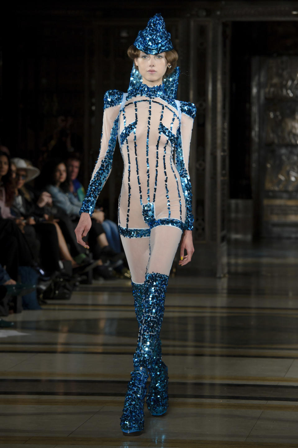 A model wears a design created by Pam Hogg during London Fashion Week Spring/Summer 2014, at the Freemasons' Hall in central London, Monday, Sept. 16, 2013. (Photo by Jonathan Short/Invision/AP)