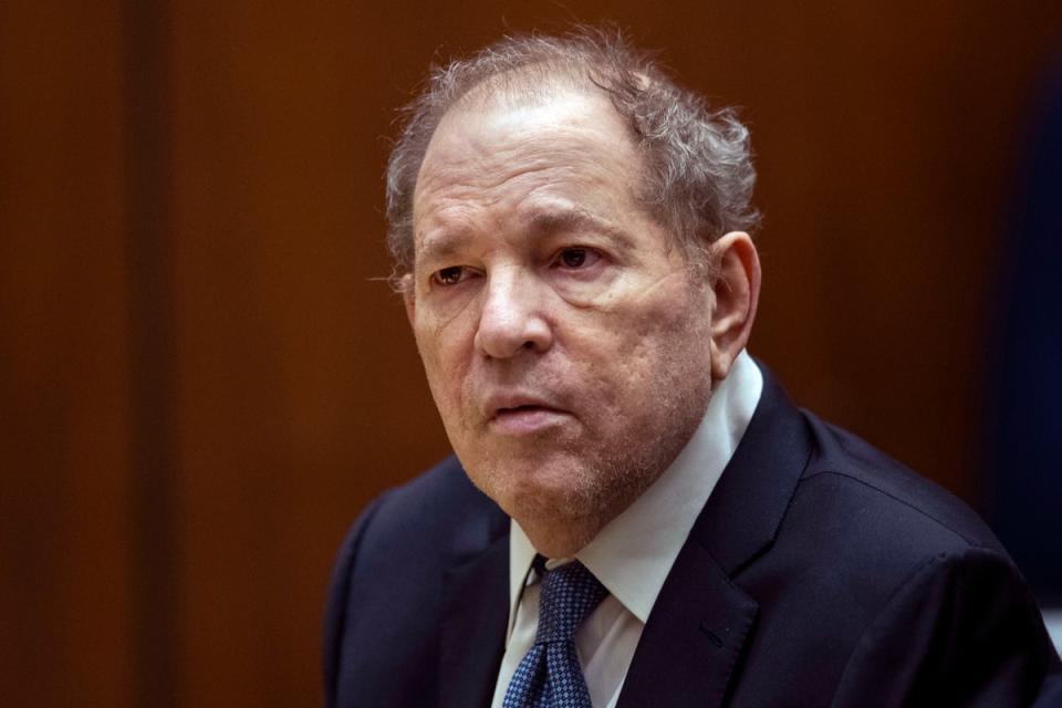 Harvey Weinstein pictured in October 2022. His New York conviction has been overturned, but he will remain behind bars in California (AP)