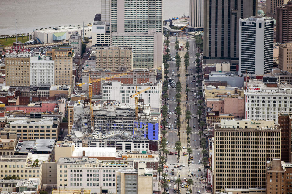 This aerial photo shows the Hard Rock Hotel, which was under construction, after a fatal partial collapse in New Orleans on Saturday, Oct. 12, 2019. (Chris Granger/The Advocate via AP)