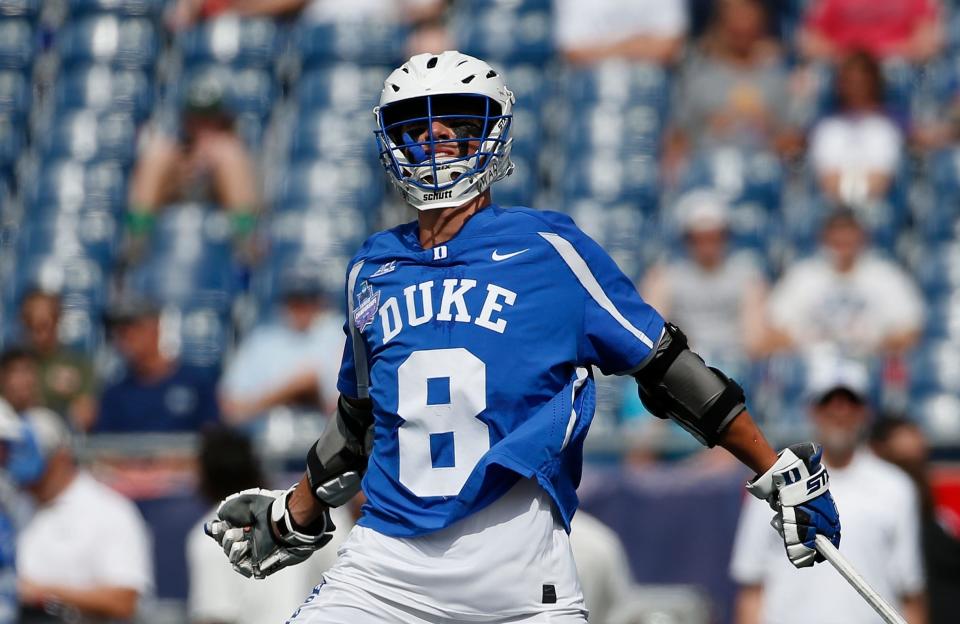 Duke's Joe Robertson celebrates after scoring against Maryland during the first half of an NCAA college Division 1 championship semi-final lacrosse game in Foxborough, Mass., Saturday, May 26, 2018. (AP Photo/Michael Dwyer)