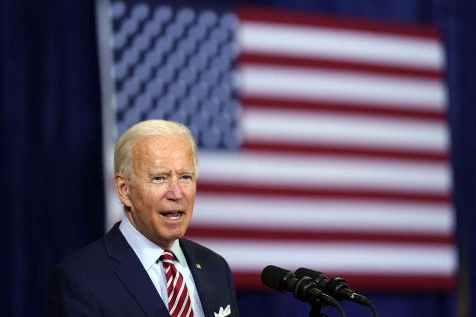 Democratic presidential candidate former Vice President Joe Biden speaks during a roundtable discussion with veterans, Tuesday, Sept. 15, 2020, at Hillsborough Community College in Tampa, Fla. (AP Photo/Patrick Semansky)