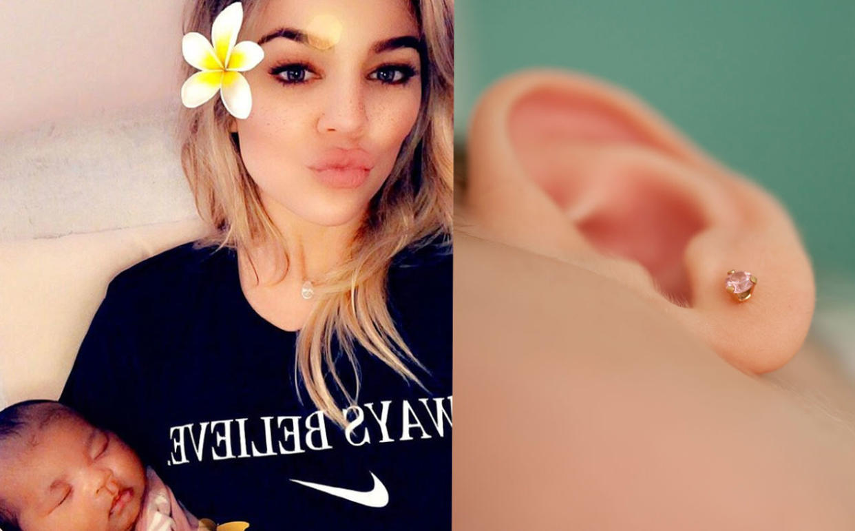 Khloé Kardashians Baby True ist erst zwei Monate alt. Ein Ohrpiercing wie auf dem rechten Symbolbild hat es trotzdem schon. (Bilder: Instagram/Khloé Kardashian; Symbolbild Getty Images/PhotoAlto/Ale Ventura)