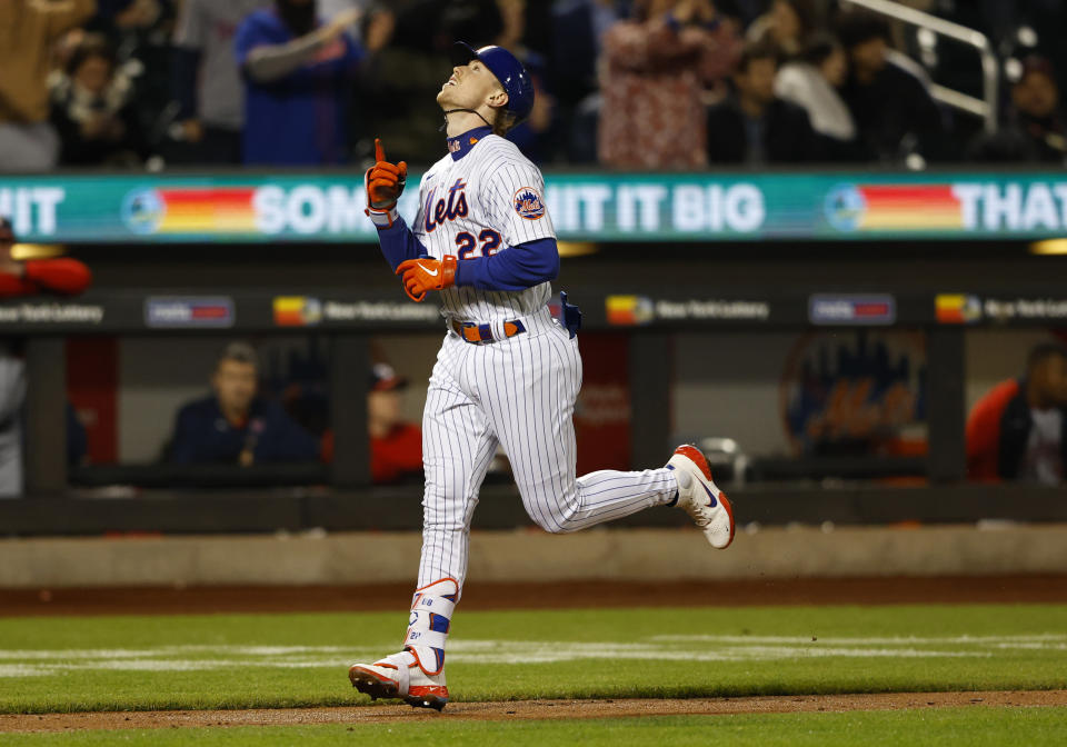 New York Mets' Brett Baty runs the bases after hitting a home run against the Washington Nationals during the fourth inning of a baseball game Thursday, April 27, 2023, in New York. (AP Photo/Noah K. Murray)