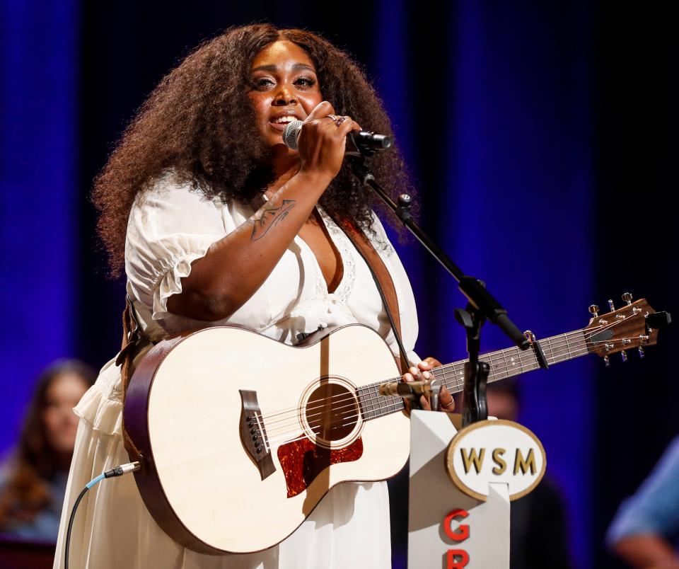 Brittney Spencer performs "Compassion" at Loretta Lynn's Friends Hometown Rising benefit concert for flood relief at the Grand Ole Opry in Nashville, Tenn., on Monday, Sept. 13, 2021. 