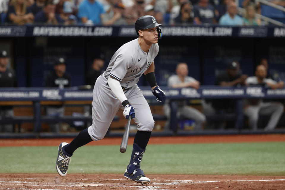 New York Yankees' Aaron Judge watches his double to right field against the Tampa Bay Rays during the seventh inning of a baseball game Sunday, Sept. 4, 2022, in St. Petersburg, Fla. (AP Photo/Scott Audette)