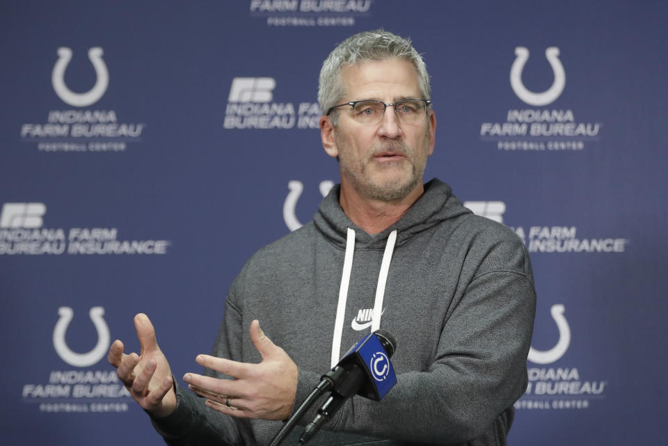 Indianapolis Colts head coach Frank Reich led a virtual meeting Monday. (AP Photo/Darron Cummings)