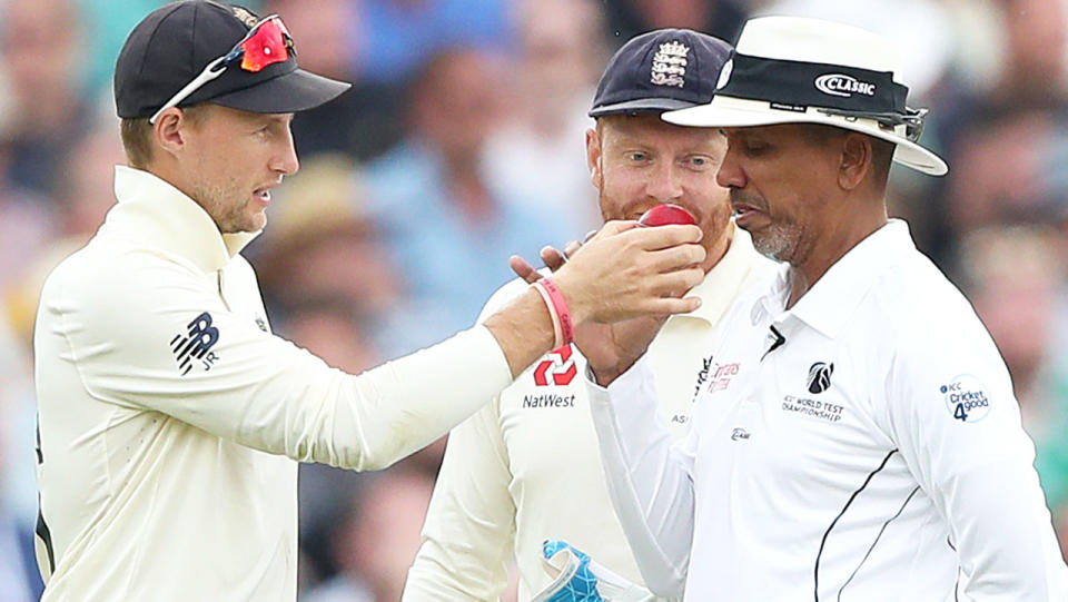 Joe Root finally got the ball changed after forcing umpire Joel Wilson to smell it. (Photo by Nick Potts/PA Images via Getty Images)