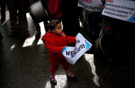 A Palestinian girl takes part in a protest against aid cut, outside United Nations' offices in Gaza City January 17, 2018. REUTERS/Suhaib Salem