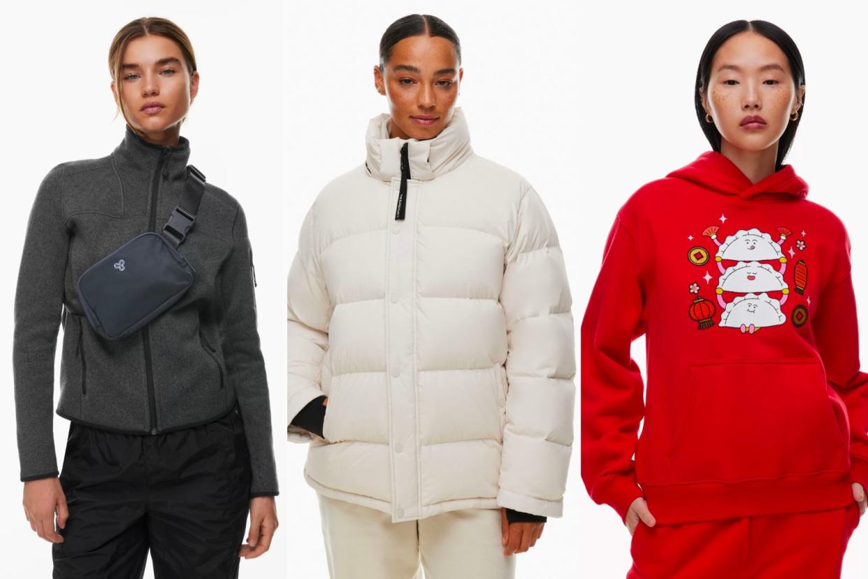 Aritzia women's clothing for winter, three people wearing aritzia clothing