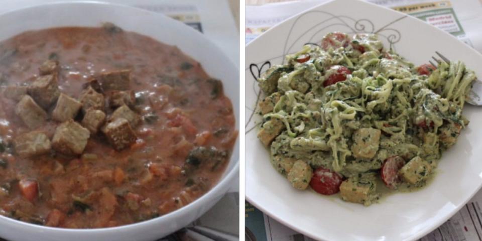 a steaming bowl of vegan stew/a plate of veggie noodles with pesto sauce