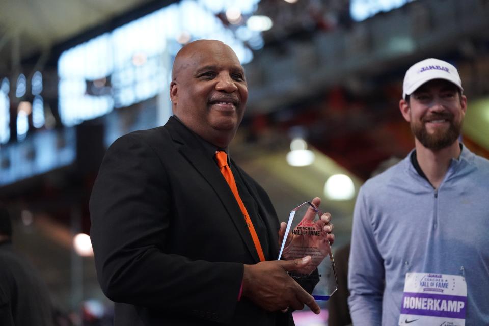 White Plains' Fred Singleton is inducted into the Coaches Hall of Fame during The JAMBAR Coaches Hall of Fame Invitational at Armory Track & Field Center in New York on Saturday, Dec 16, 2023.