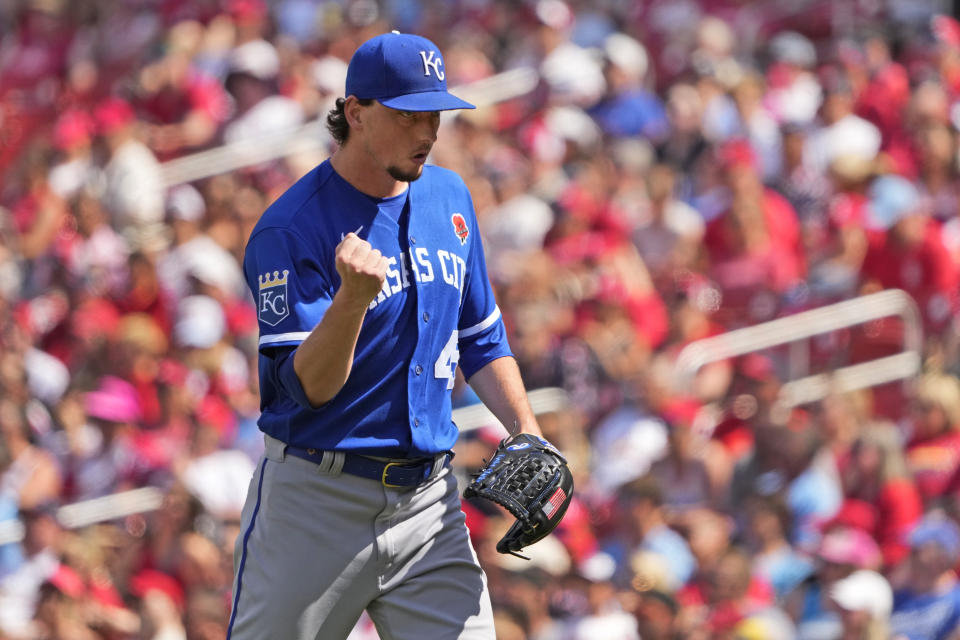 Kansas City Royals relief pitcher Taylor Clarke celebrates after getting St. Louis Cardinals' Alec Burleson to pop out ending the eighth inning of a baseball game Monday, May 29, 2023, in St. Louis. (AP Photo/Jeff Roberson)