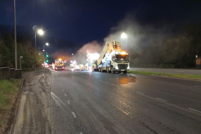 Highways workers fixing potholes on the dual-carriageway near J47, M4 last week